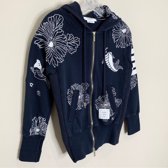 Thom Browne Koi & Chrysanthemum Embroidered Classic 4-Bar Hoodie - Picture 2 of 16